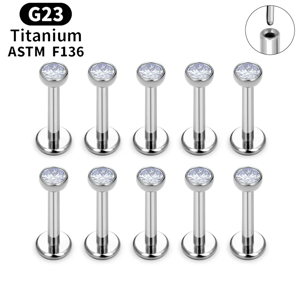Metal color: Rhodium Plated, Ships From: CHINA, Main Stone Color: green - 10PCS ASTM F136 G23 Titanium Piercing Labret Lip Ring Stud Earring CZ Ear Tragus Cartilage Helix Daith Pierc Jewelry 16/18/20g