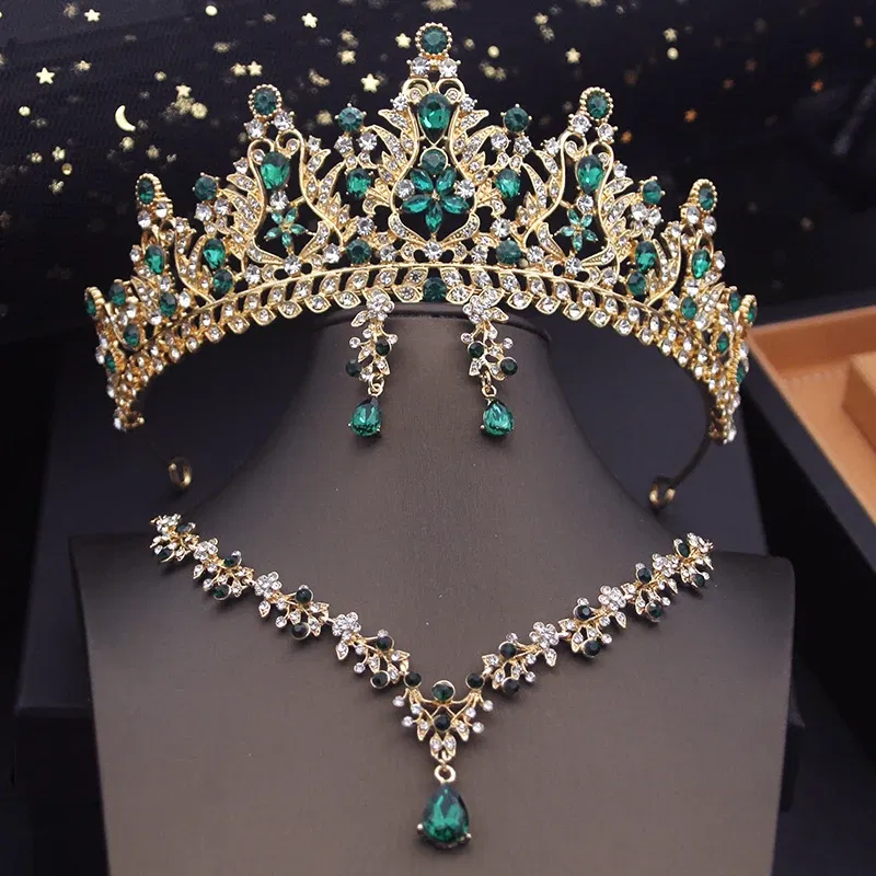 Metal color: Blue white zinc plated - Royal Queen Tiaras Bridal Jewelry Sets Evening Crown Choker Necklace Sets Wedding Dress Jewelry Prom Costume Accessory Bride