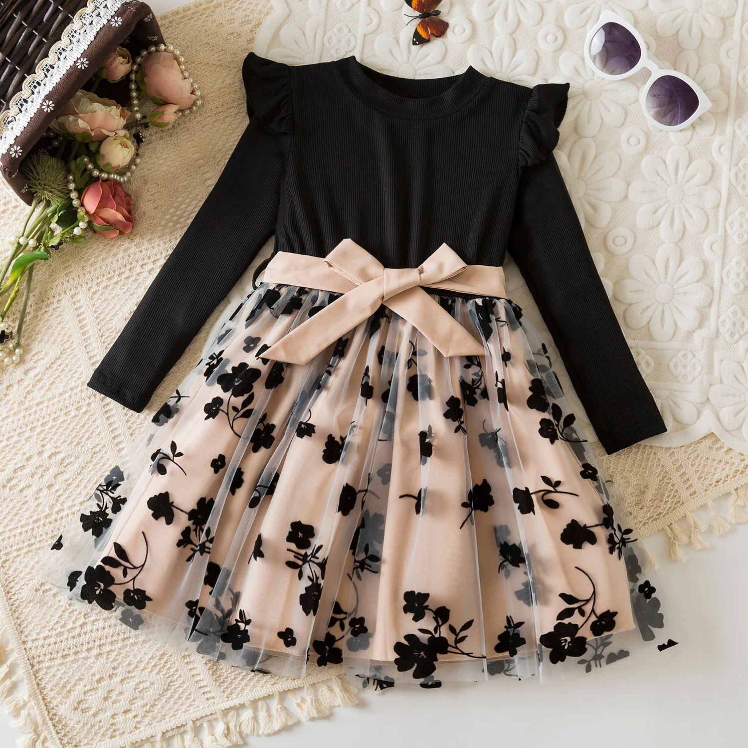 Color: black, Kid Size: 6 - Spring Autumn Full Sleeve Dress for Girls 3 to 8 Yrs Flower Girl Dress Children's Casual Clothing New Long Seelve Princess Dress