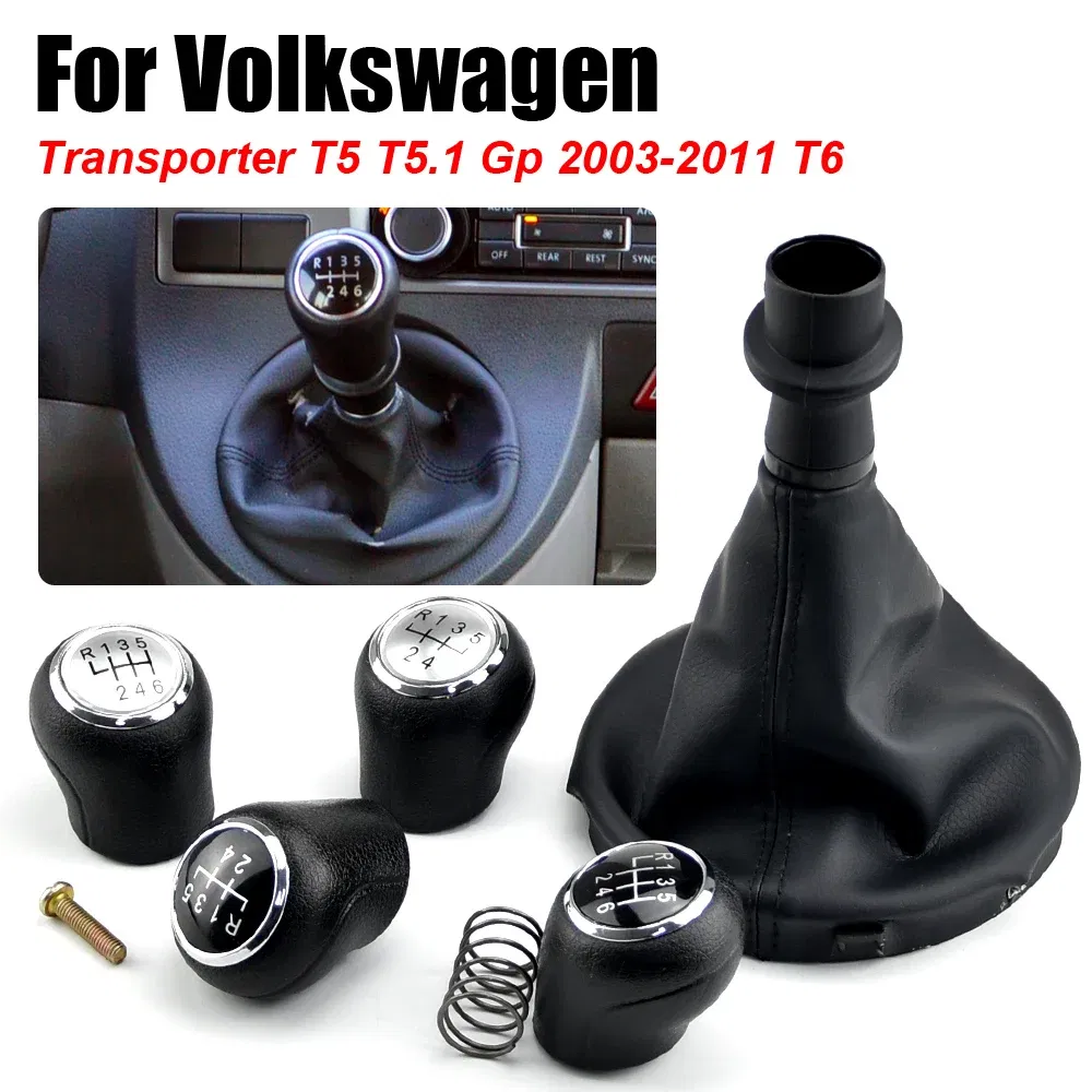 Color Name: Red - For VW Transporter Multivan Caravelle T5 2003 2004 2005 2006 2007 2008 2009 2010 Car 6 Speed Gear Stick Shift Knob Leather Boot