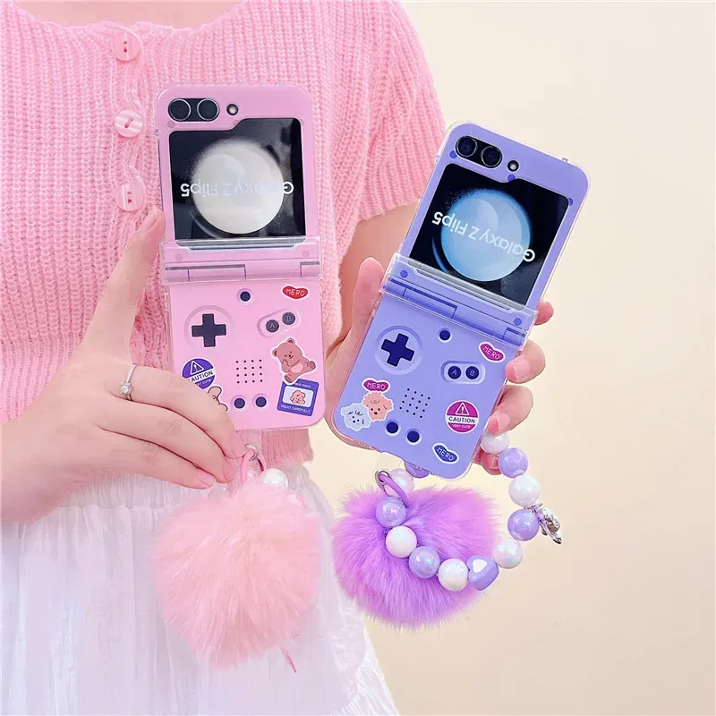 Color: Brown, Material: Nylon - Cute Bracelet Phone Cases For Samsung Galaxy Z Flip 3 4 5 6 7 FE Hard Plastic PC Plush Case For Samsung Z Flip5 ZFlip5
