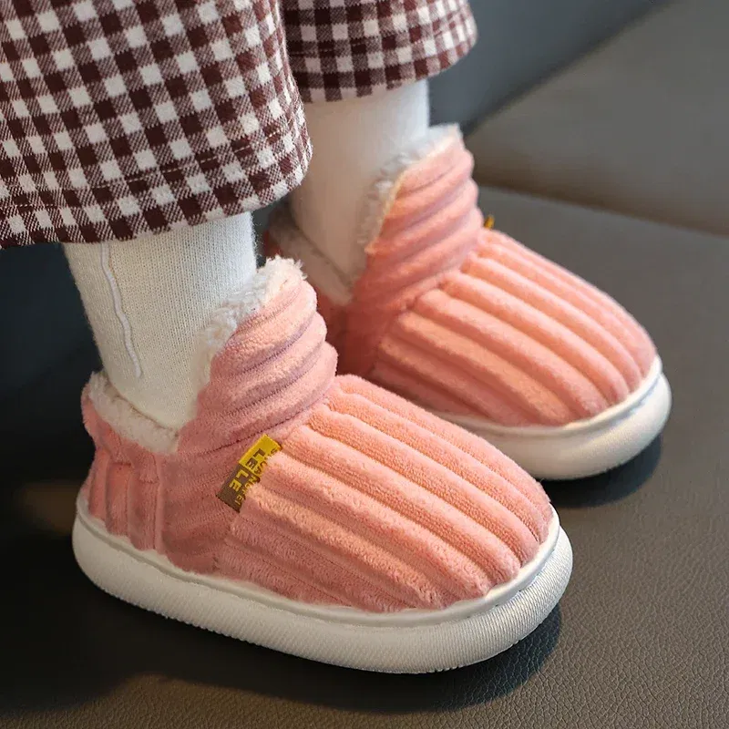 Color: Chocolate, Shoe Size: 2.5 - New Winter Concise Stripe Plush Slippers Children's Non-slip Soft Sole Kids Boys Girls Heel Wrap Warm High Home Cotton Shoes