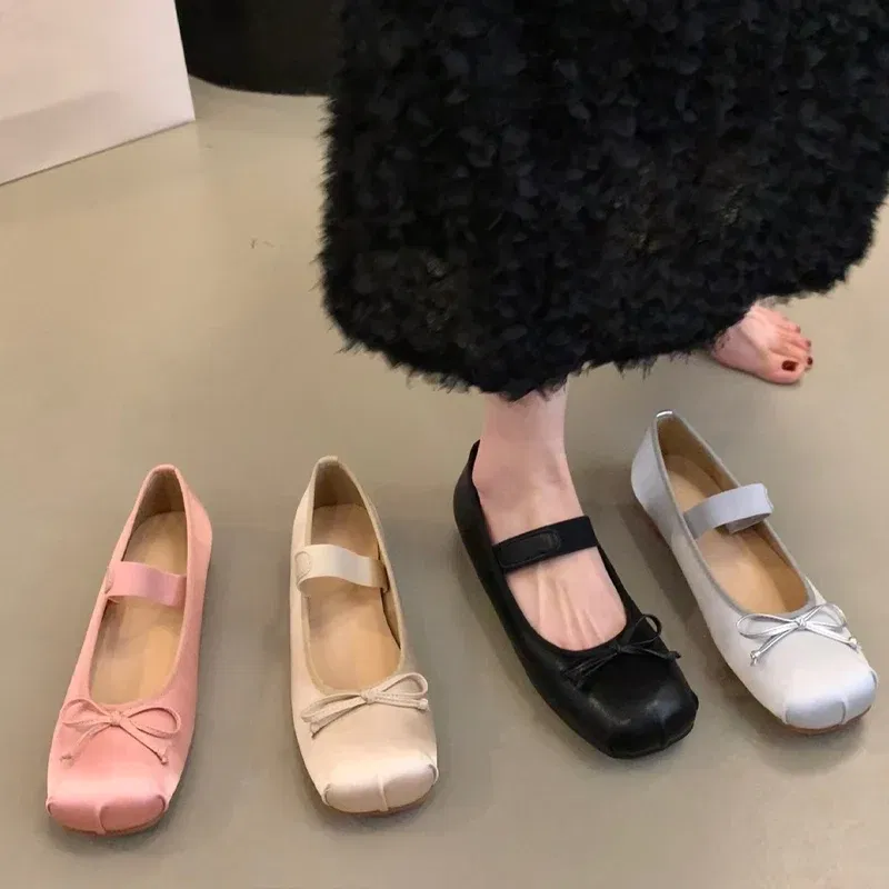 Color: Beige, Shoe Size: 36 - 2023Luxury Satin Silk Ballet Shoes Woman Classic Square Toe Bowtie Elastic Band Ballerina Flats Ladies Soft Loafers