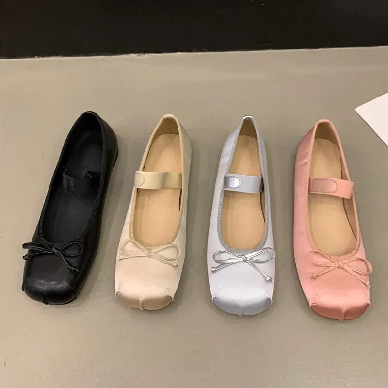 Color: Beige, Shoe Size: 36 - 2023Luxury Satin Silk Ballet Shoes Woman Classic Square Toe Bowtie Elastic Band Ballerina Flats Ladies Soft Loafers