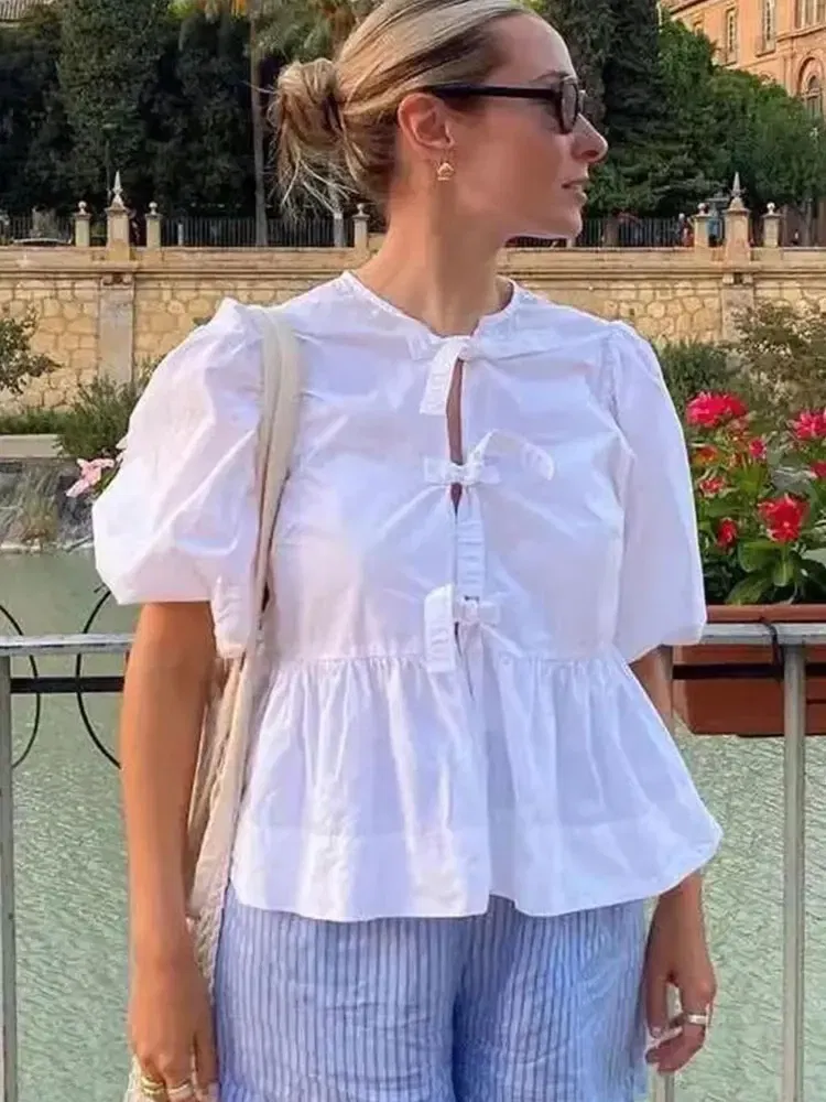 Color: SKY BLUE, Size: XS?€old?‰ - HH Fashion Solid Hollow Out Shirt Women Causal O Neck Short Sleeved Lace Up Tops Chic Female Casual Blouse Streetwear 2024