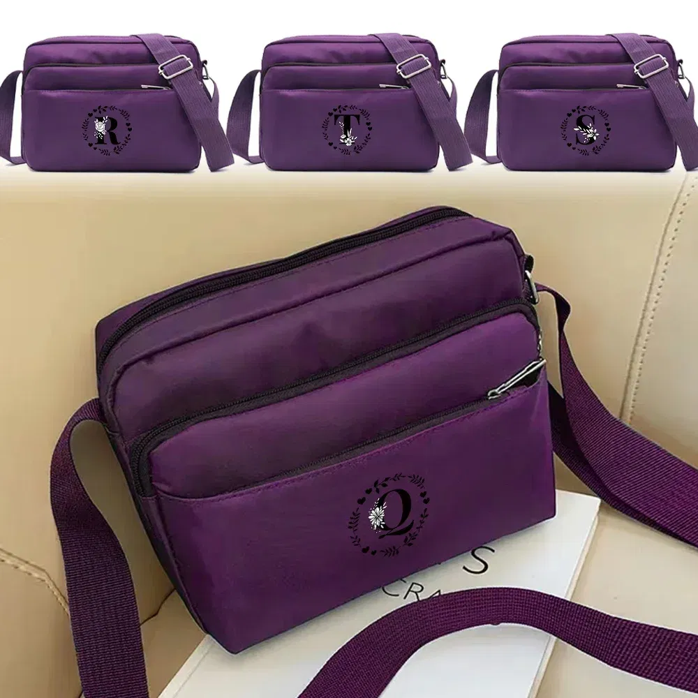 Color: black - Purple One Shoulder Crossbody Bag Portable Commuting Large Capacity Simplicity Storage Bag Garland Letter Series Print Pattern