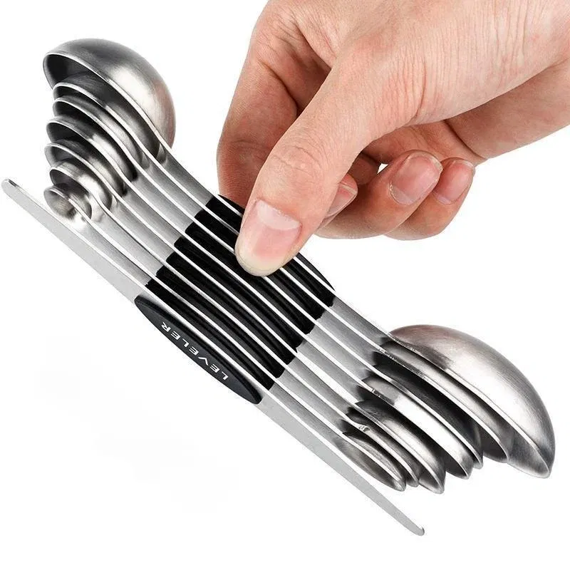 Color: Light Grey, Measuring Weight: 1g - 8Pcs/Set Magnetic Measuring Spoon Set Stainless Steel Stackable Double-sided Teaspoons Metal Accurate for Cooking Baking Food