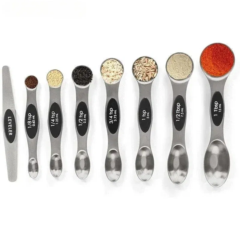 Color: Light Grey, Measuring Weight: 1g - 8Pcs/Set Magnetic Measuring Spoon Set Stainless Steel Stackable Double-sided Teaspoons Metal Accurate for Cooking Baking Food