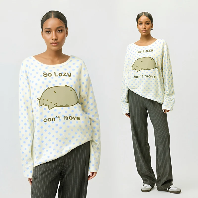 Color: Beige, Size: S - Woman Clothing y2k arcane Cute T-shirts Lazy Cat Print Anime Female Clothing Soft Clothes Loungewear Casual Long-sleeved Tops