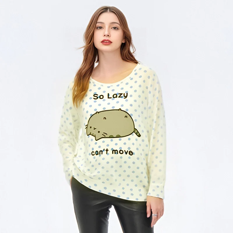Color: Beige, Size: S - Woman Clothing y2k arcane Cute T-shirts Lazy Cat Print Anime Female Clothing Soft Clothes Loungewear Casual Long-sleeved Tops
