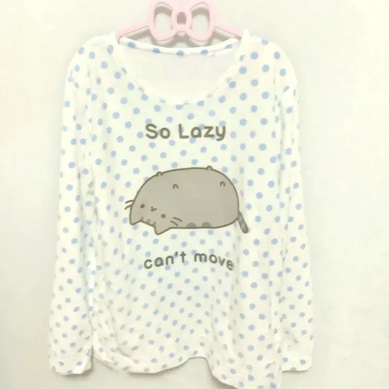 Color: Beige, Size: S - Woman Clothing y2k arcane Cute T-shirts Lazy Cat Print Anime Female Clothing Soft Clothes Loungewear Casual Long-sleeved Tops