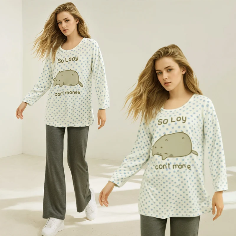Color: Beige, Size: S - Woman Clothing y2k arcane Cute T-shirts Lazy Cat Print Anime Female Clothing Soft Clothes Loungewear Casual Long-sleeved Tops