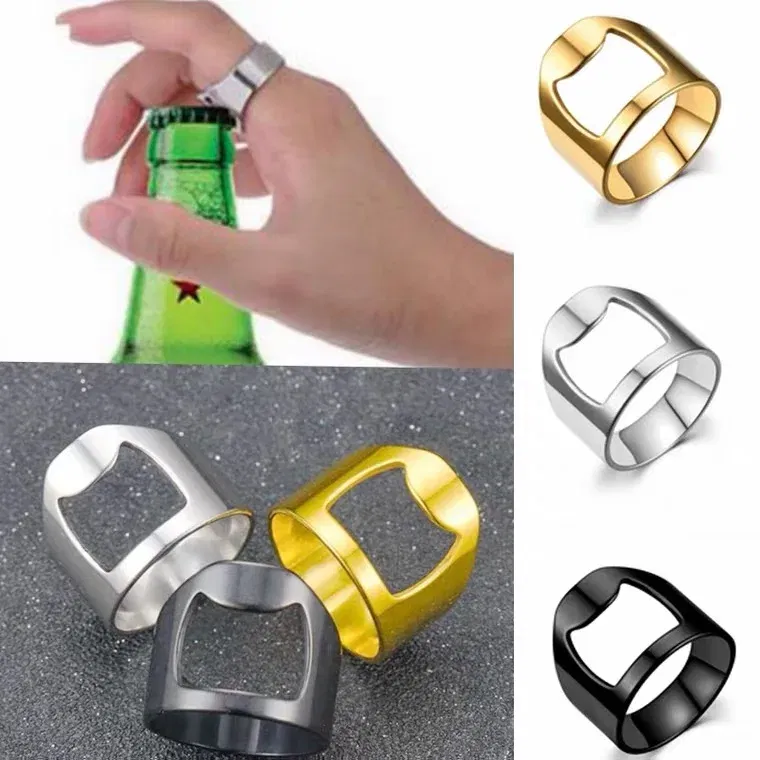 Main Stone Color: green, Ring Size: 10 - VIVILADY Titanium Stainless Steel Creative Bottle Opener Ring Jewelry For Unisex Punk Simple Fashion Party Bar Gift Wholesale