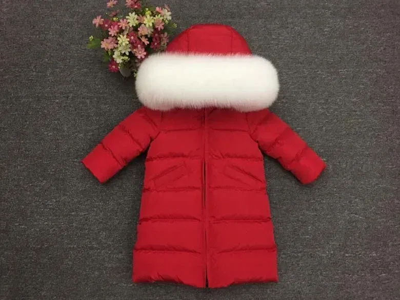 Color: Khaki, Kid Size: 12M - Children Girl boy Winter real fur thickened down jackets 90 down Long Coat jacket overcoat baby kids clothing -30 outwear ws1245