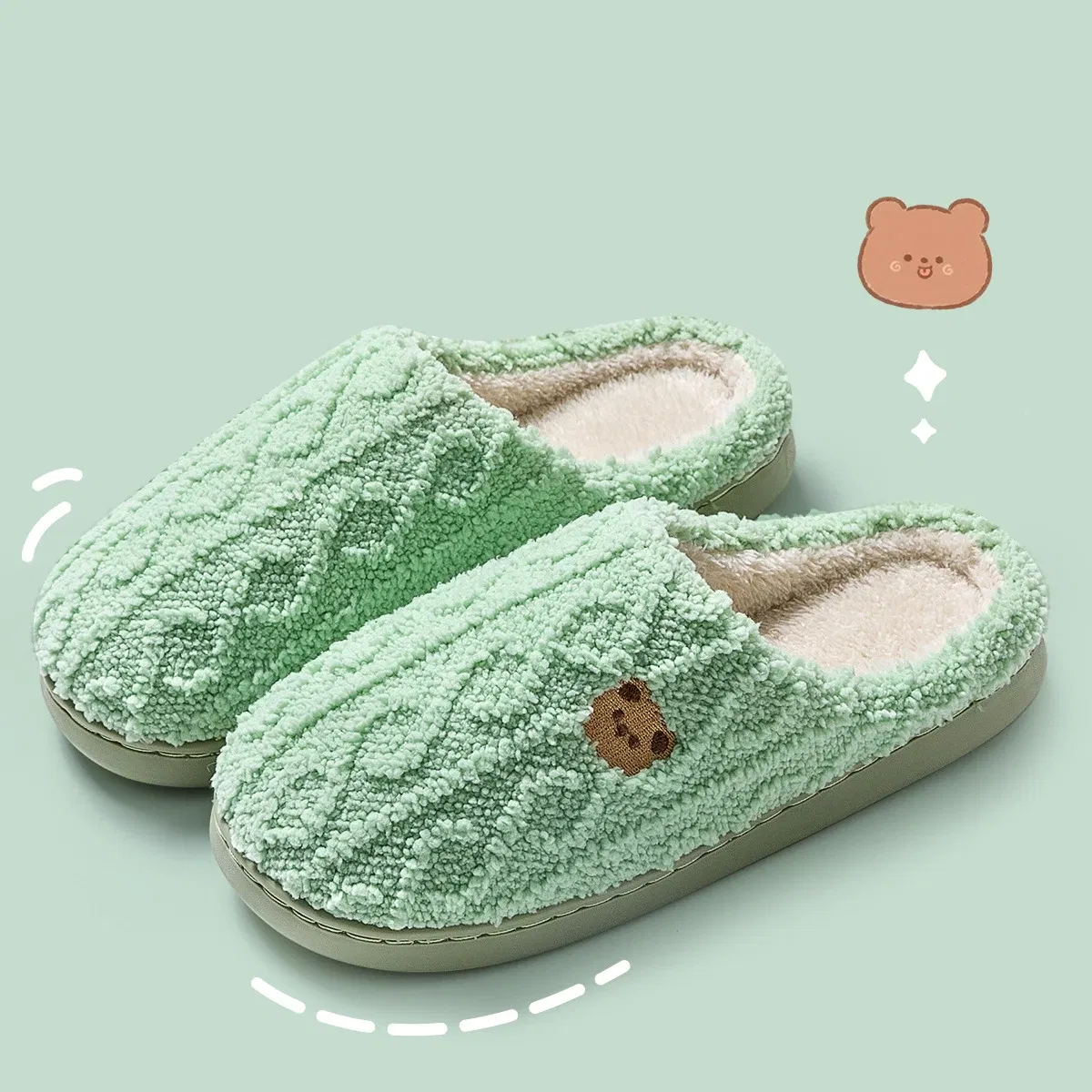 Color: Olivine, Shoe Size: 40-41, Ships From: CHINA - Asgard Women Winter Fur Slippers Indoor Fluffy Couple Bedroom Flat Slides Cute Bear Women Fuzzy House Slippers Warm Cotton Shoes