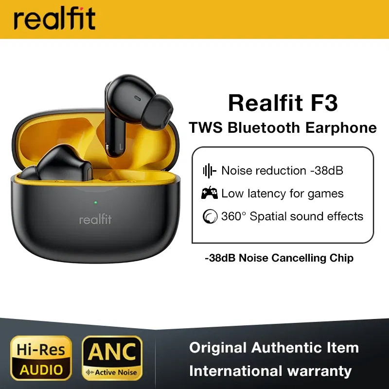Color: Pink - Realfit F3 ANC Active Noice Cancellation Bluetooth Earphones ENC Call HIFI Stereo Superb Bass Wireless Earbuds Sport Gaming