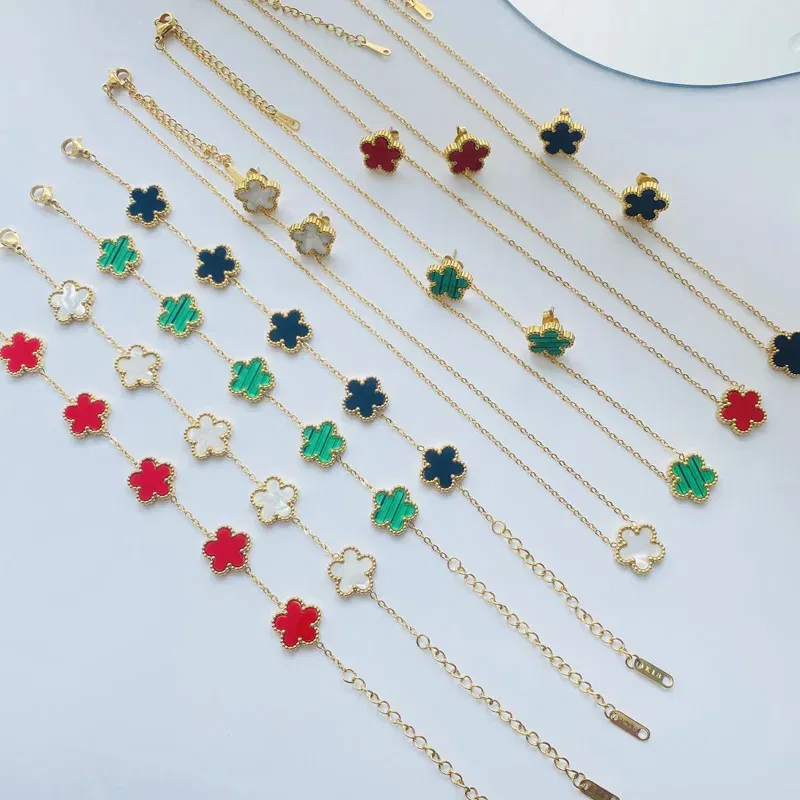 Metal color: Pure Gold Color - 3pcs/set Stainless Steel Flower Jewelry Set Gifts Luxury Modern Fashion Charm Necklace Earrings Bracelet Set Jewelry for Women