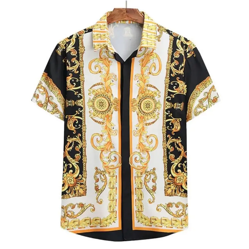 Color: Gold, Size: S - Summer Fashion Men's Short Sleeve Casual Shirts Luxury Style Gold Printed Tops Everyday Casual Wear Men's Shirts Oversized Tops