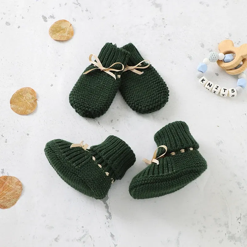 Color: Gold, Baby Age: 19-24 Months - Baby Shoes + Gloves Set Knit Newborn Girls Boys Boots Mitten Fashion Butterfly-knot Toddler Infant Slip-On Bed Shoes Hand Made