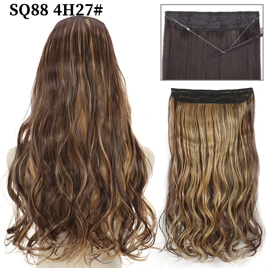 Color: 1B/27HL, Stretched Length: 32inches, Ships From: CHINA - Synthetic Natural Wavy No Clip Fish Line Invisible Hair Extensions Mixed Color Blonde Black Artificial False Hair Piece ForWomen
