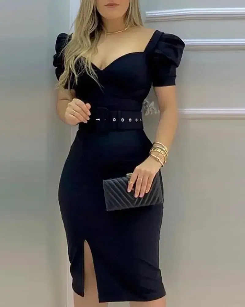 Color: black, Size: M - Sexy Wrap Buttocks Dress Women Square Collar Puff Sleeve Dresses Basics Spliced Knee Length Slim Fit Sheath Sashes Solid