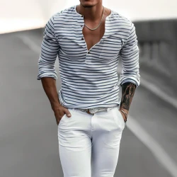 MEN'S STRIPED HENLEY COLLAR LONG SLEEVE CASUAL T-SHIRT