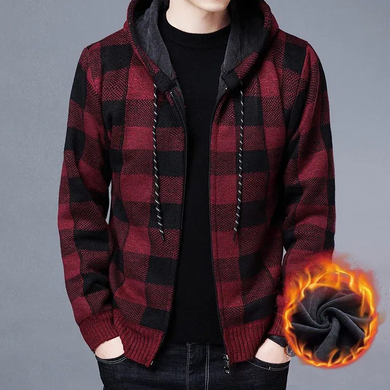 Color: Fuchsia, Size: M - Winter 2023 New Men's Fleece Thickened Cardigan Knit Sweater / Male Loose Warm Hooded Add Wool Jacket Coat