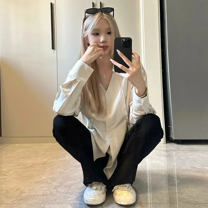 Color: Beige, Size: XL - OL Shirts Women Slim Irregular Hem Design Single Breasted Design New Long Sleeve Tops Korean Trendy Simple All-match Temperament