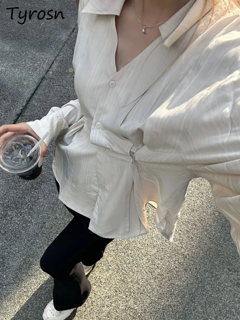 Color: Beige, Size: XL - OL Shirts Women Slim Irregular Hem Design Single Breasted Design New Long Sleeve Tops Korean Trendy Simple All-match Temperament