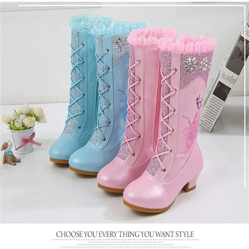 Color: Blue, Shoe Size: 5 - Disney Girls' Leather Boots Winter Frozen Boots Side Zipper High Plush Princess Elsa Boots Warm Children's Boots Size 27-37