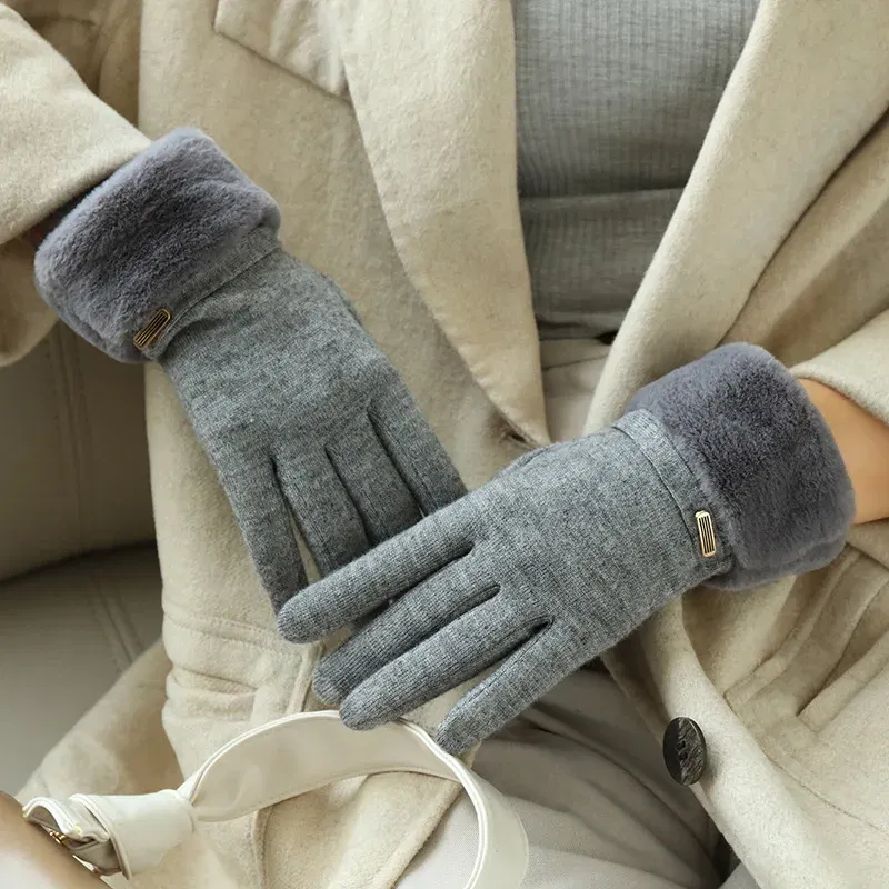 Color: Yellow, Gloves Size: One Size - Winter Women Keep Warm Plus Velvet Touch Screen Thicken Plush Wrist Suede Gloves Fashion Personality Elegant Drive Cycling