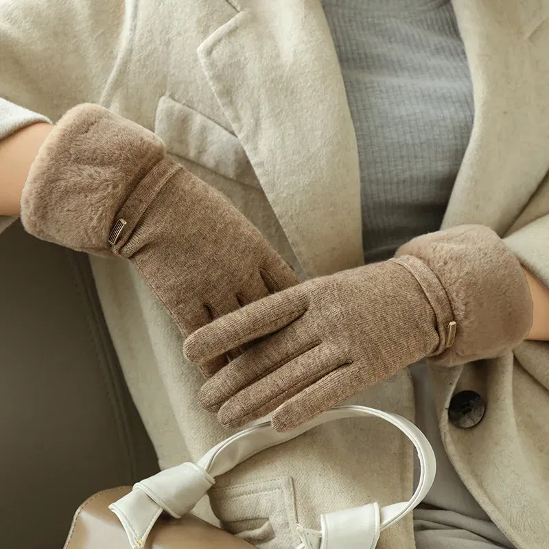 Color: Yellow, Gloves Size: One Size - Winter Women Keep Warm Plus Velvet Touch Screen Thicken Plush Wrist Suede Gloves Fashion Personality Elegant Drive Cycling