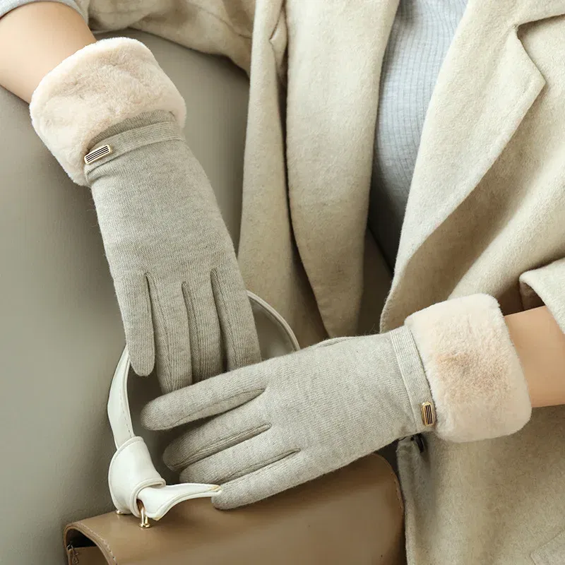 Color: Yellow, Gloves Size: One Size - Winter Women Keep Warm Plus Velvet Touch Screen Thicken Plush Wrist Suede Gloves Fashion Personality Elegant Drive Cycling