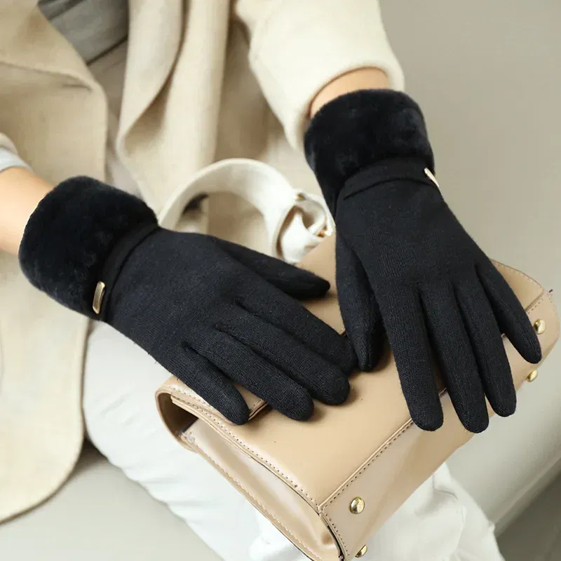 Color: Yellow, Gloves Size: One Size - Winter Women Keep Warm Plus Velvet Touch Screen Thicken Plush Wrist Suede Gloves Fashion Personality Elegant Drive Cycling