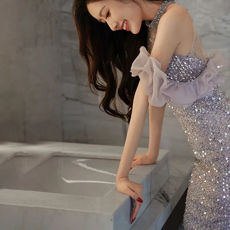 Color: Beige, Size: 3XL - High-End Neck Evening Dress New Entry Luxury Niche Banquet Elegant Usually Wearing Sequin Fishtail Dress Princess Sleeve Women's