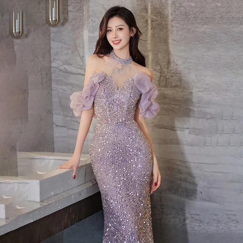 Color: Beige, Size: 3XL - High-End Neck Evening Dress New Entry Luxury Niche Banquet Elegant Usually Wearing Sequin Fishtail Dress Princess Sleeve Women's
