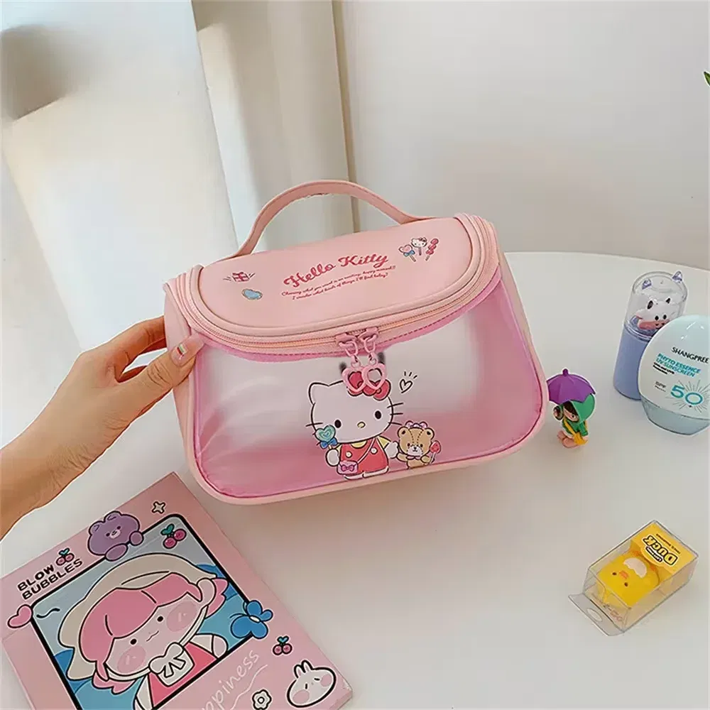 Color: green - Sanrio Kawaii Hello Kitty Zipper Makeup Bag Black Beauty Cinnamon Roll Large Capacity Waterproof portable Millennium Girls Wash