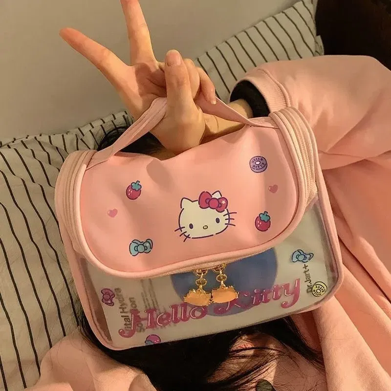 Color: green - Sanrio Kawaii Hello Kitty Zipper Makeup Bag Black Beauty Cinnamon Roll Large Capacity Waterproof portable Millennium Girls Wash