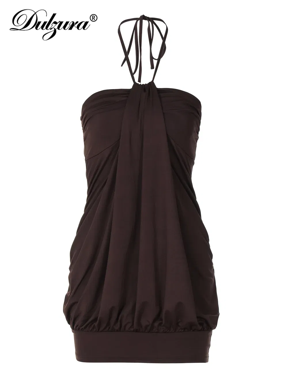 Color: Coffee, Size: M - Dulzura Sexy Mini Halter Ruched Backless Short Dress Solid Sleeveless Women Dresses Summer Lady Party Birthday Club Clothes Y2K