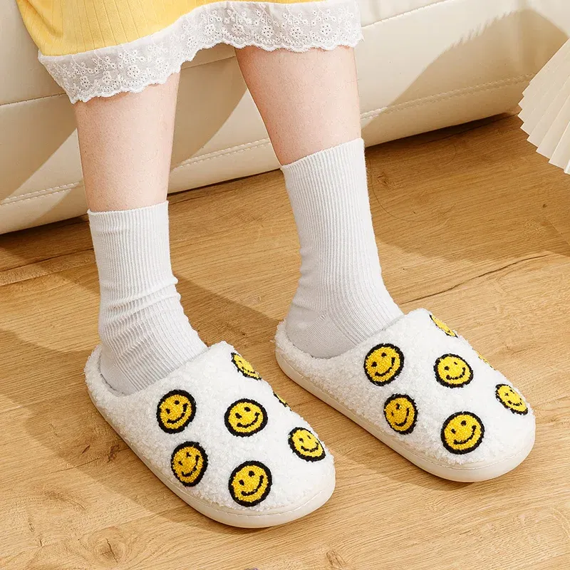 Color: Yellow, Shoe Size: 5 - Little Cute Smile Face Slippers Houseshoes Women's House Smile Ladies Indoor Winter Fluffy Cozy Home Comfy Women Shoes