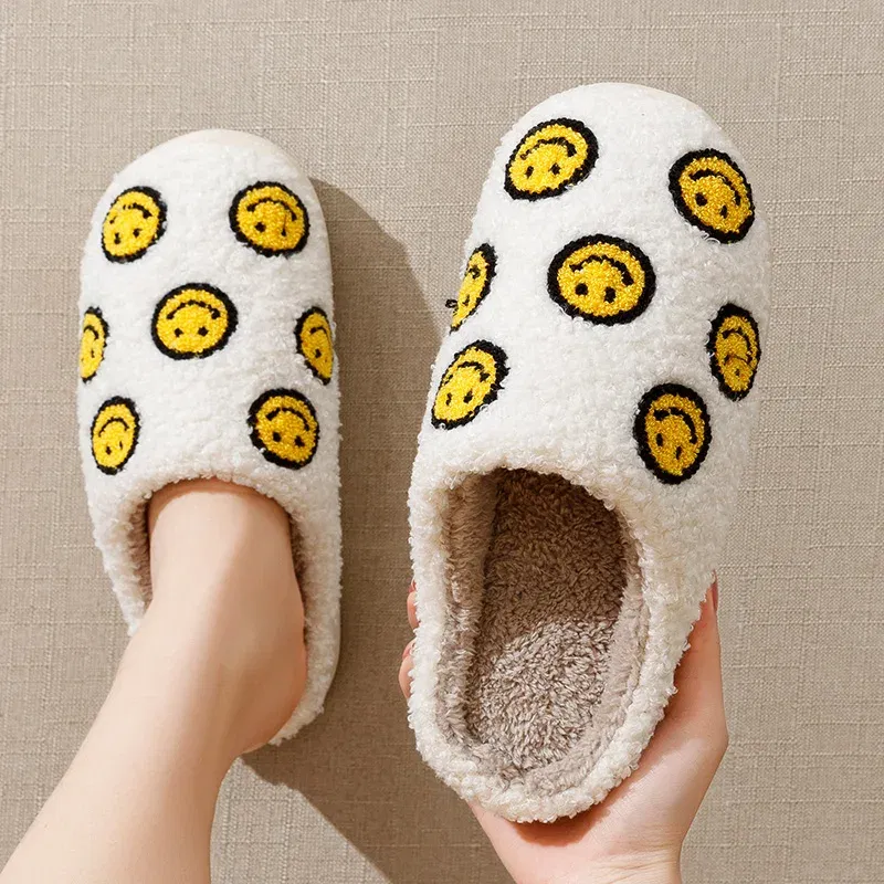 Color: Yellow, Shoe Size: 5 - Little Cute Smile Face Slippers Houseshoes Women's House Smile Ladies Indoor Winter Fluffy Cozy Home Comfy Women Shoes