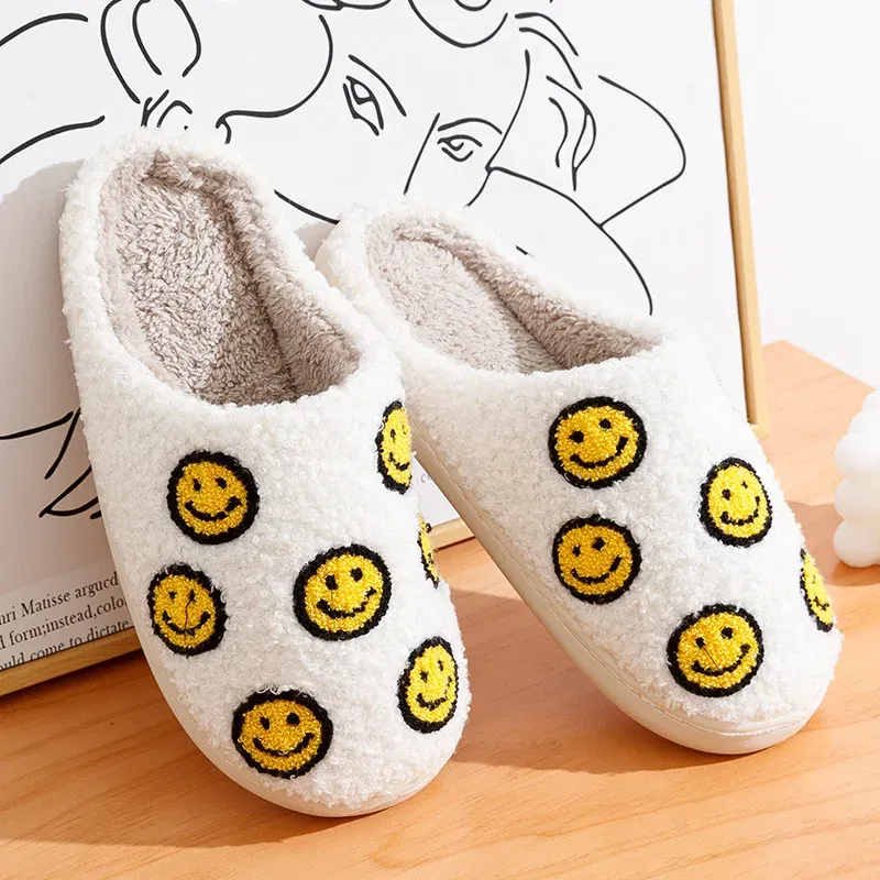 Color: Yellow, Shoe Size: 5 - Little Cute Smile Face Slippers Houseshoes Women's House Smile Ladies Indoor Winter Fluffy Cozy Home Comfy Women Shoes