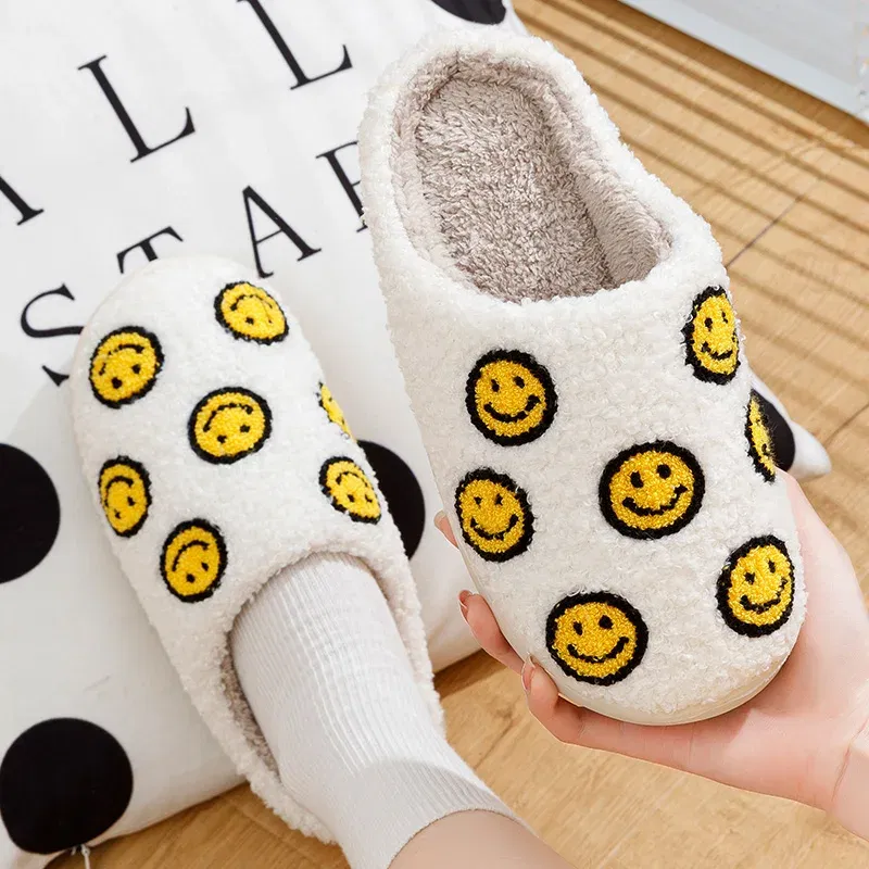Color: Yellow, Shoe Size: 5 - Little Cute Smile Face Slippers Houseshoes Women's House Smile Ladies Indoor Winter Fluffy Cozy Home Comfy Women Shoes