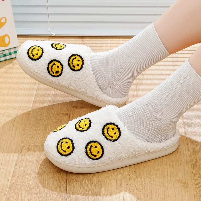 Color: Yellow, Shoe Size: 5 - Little Cute Smile Face Slippers Houseshoes Women's House Smile Ladies Indoor Winter Fluffy Cozy Home Comfy Women Shoes