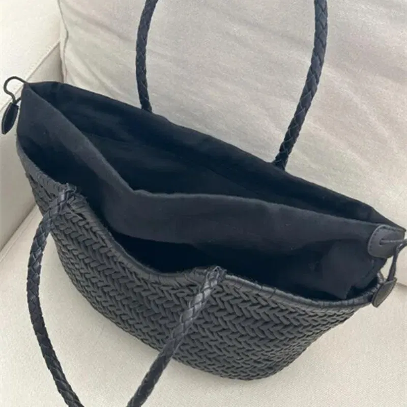 100% Natural Cowhide Weave Handbags Hand Designer  Genuine Leather Female Totes Vintage Women's Cowskin Lady Large Shopping Bags