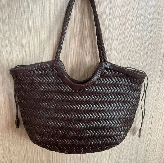 100% Natural Cowhide Weave Handbags Hand Designer Genuine Leather Female Totes Vintage Women's Cowskin Lady Large Shopping Bags