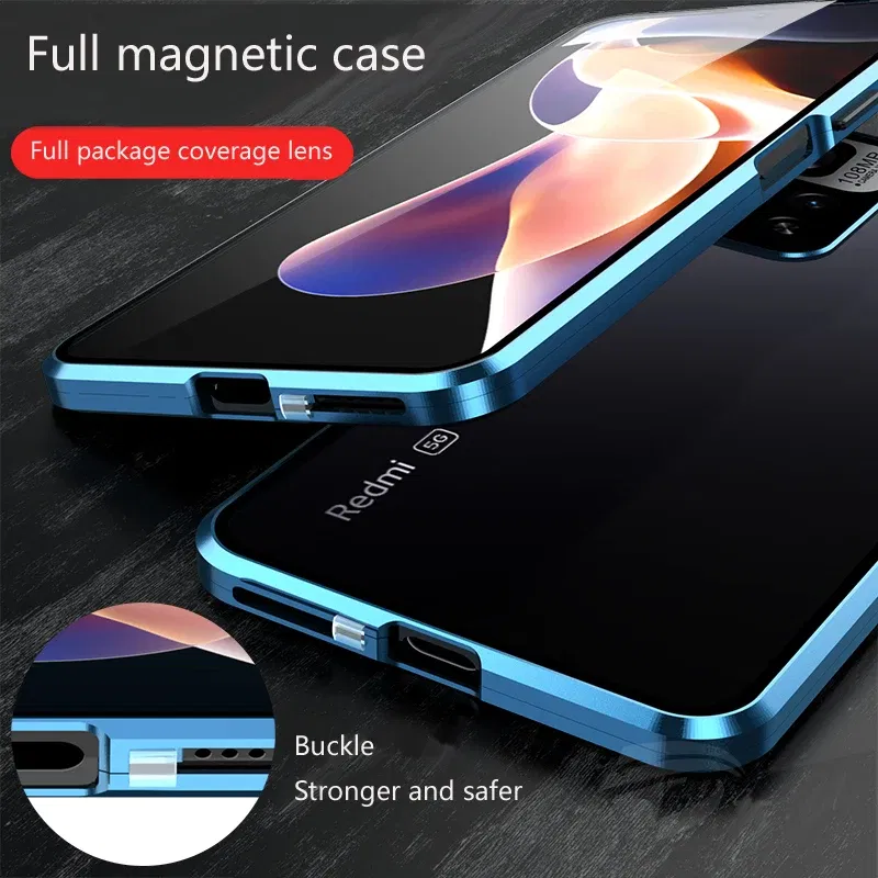 Color: Silver, Bundle: Case & Screen Protector, Material: aluminum - Full Protection Case Metal Magnetic Double Sided Glass Snap Lock Case For XiaoMi Redmi Note 13 Pro Plus 5G Bumper Phone Cover