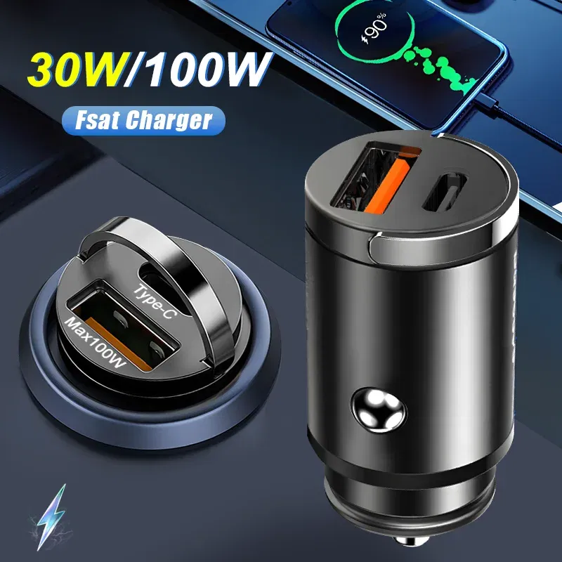 Plug Type: UK - Mini 100W USB Car Charger Dual Ports Pull Ring Fast Charge Type C PD Car Adapter For iphone Samsung Huawei Xiaomi iPad