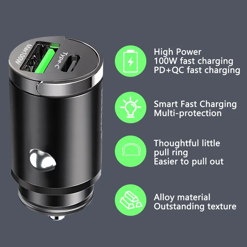 Plug Type: UK - Mini 100W USB Car Charger Dual Ports Pull Ring Fast Charge Type C PD Car Adapter For iphone Samsung Huawei Xiaomi iPad