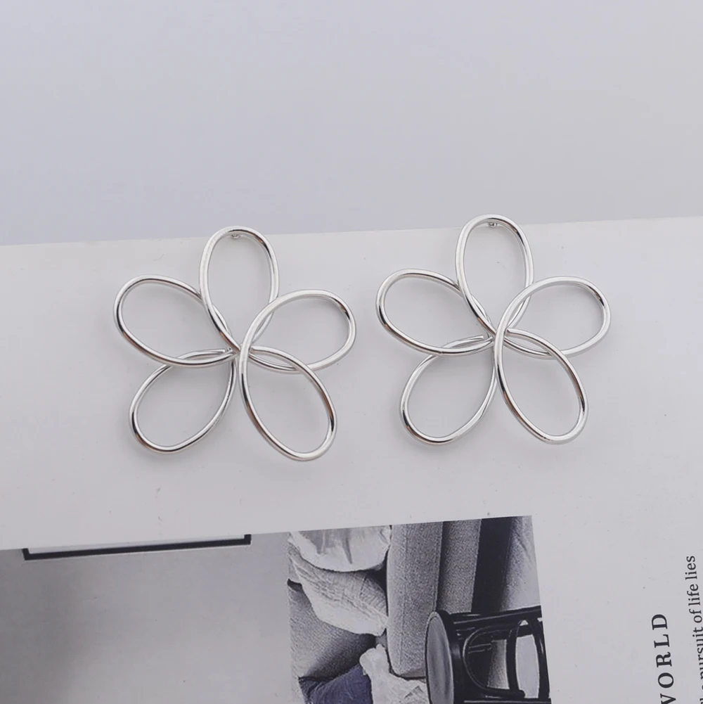 Metal Color: BROWN - Hollow Big Five-petaled Flower Metal Line Drop Earrings for Women Art Brincos Hyperbole Fashion Party Jewelry
